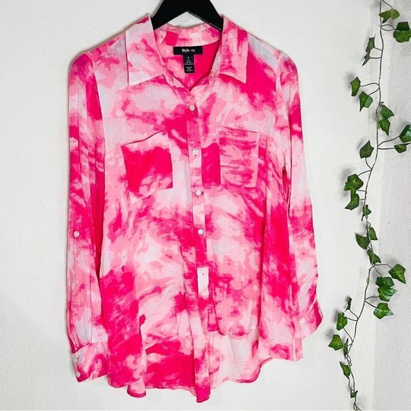 Style & Co. Tops - 🌻5for25🌻 Style & CO. TIE DYE PINK AND WHITE LONG SLEEVE BUTTON DOWN BLOUSE